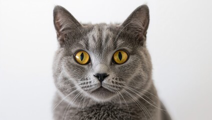 A grey cat with wide yellow eyes gazes intensely at the camera, showcasing curiosity and focus