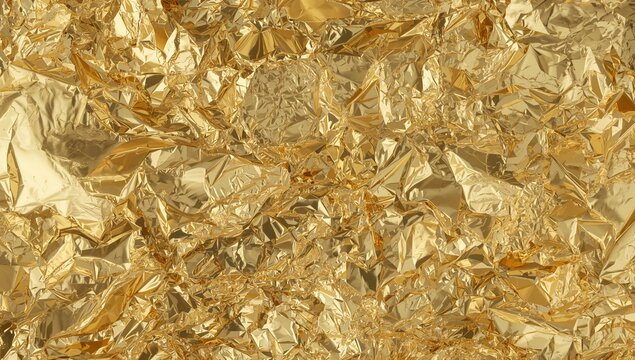 Close-up of wrinkled golden metallic surface texture