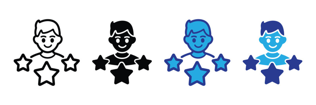 Four different styles of a person icon with stars, representing rating or achievement, isolated on white background