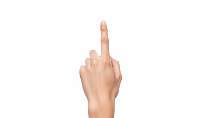 Female hand against a white backdrop, indicating with the index finger, focus on gesture and precision