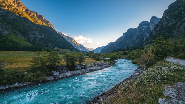 A clear, blue river meanders through the Alps, surrounded by rocky landscapes and verdant valleys, erosion risk