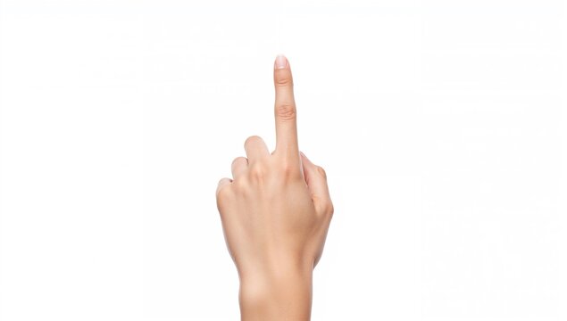 Female hand against a white backdrop, indicating with the index finger, focus on gesture and precision