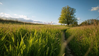 Obraz premium Nature landscape featuring green grass and trees, highlighting seasonal change