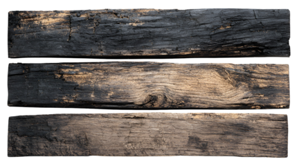 Three weathered and textured wooden planks with rough grain isolated on transparent background