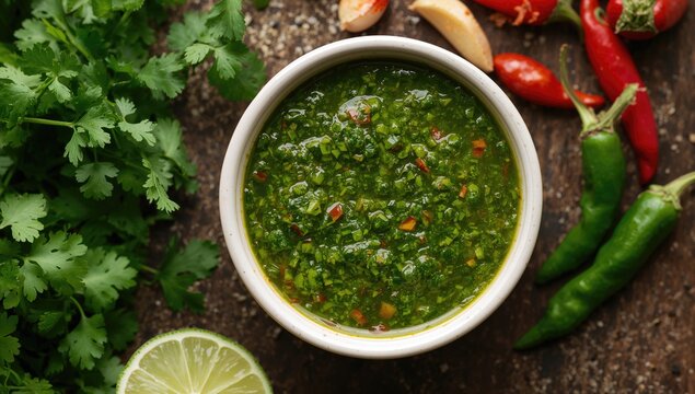 Homemade Argentinian green sauce made with parsley, cilantro, chili, garlic, oregano, olive oil, and red wine vinegar, fiber-dense choice