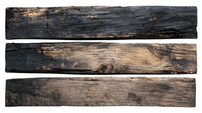 Three weathered and textured wooden planks with rough grain isolated on transparent background