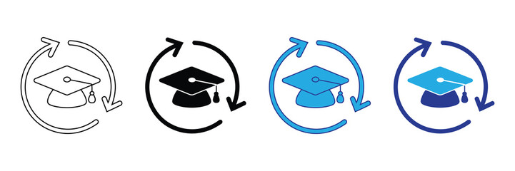 Four icons representing education and continuous learning, including graduation caps with circular arrows