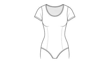 Line drawing of a short-sleeved bodysuit with a rounded neckline, featuring waist definition and a simple back design