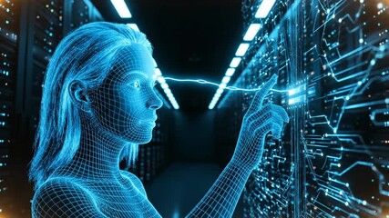 woman interacts with server rack and data array. interface displays network map and technology schematic. hologram circuit overlays touchscreen during processing. ai control integrates operations. - Powered by Adobe