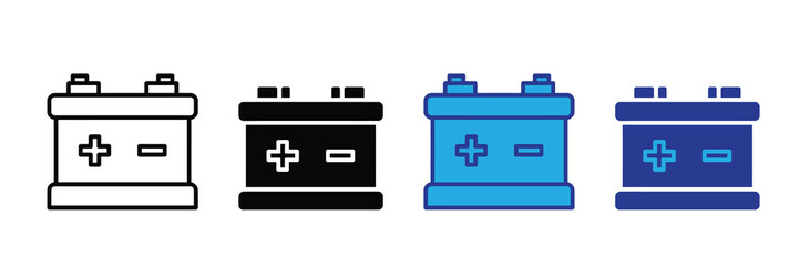 Set of car battery icons in outline, solid black, blue, and dark blue on white background