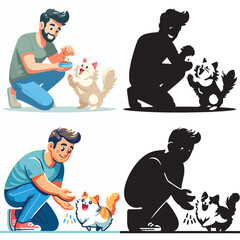 Set of vectors and images of cute male and cat shilhouttes on a white background
