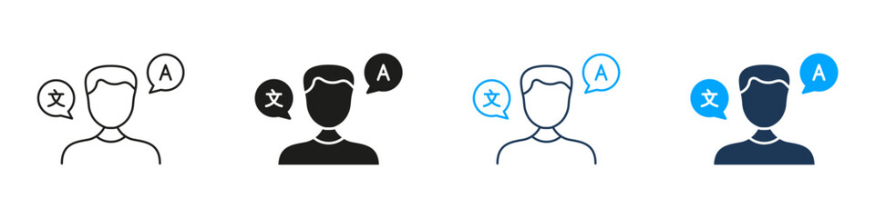Multilingual Person Profile Line And Solid Icon Set. Male Avatar And Language Speech Bubble Symbol Collection For Global Communication And Translation Contexts. Isolated Vector Illustration