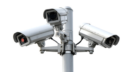 Three modern surveillance security cameras mounted on a pole isolated on transparent background