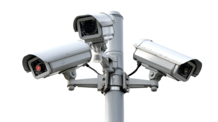Three modern surveillance security cameras mounted on a pole isolated on transparent background