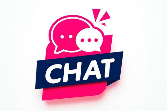 Modern vibrant pink chat bubble icon with the word chat on a dark blue banner against a white background
