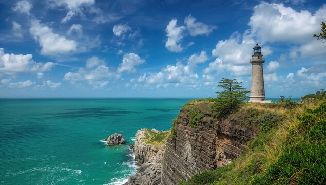 A lighthouse perched on a rugged cliff overlooking a vast ocean, highlighting coastal erosion risk