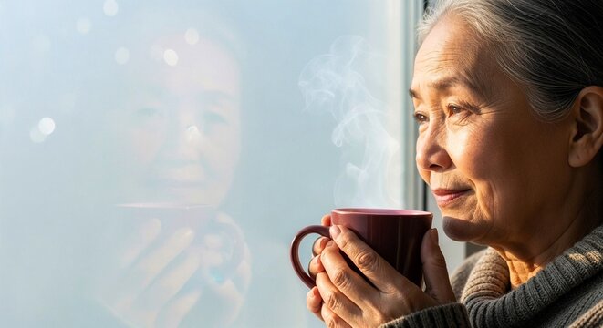 Elderly Asian woman reflecting while holding a cup by the window  