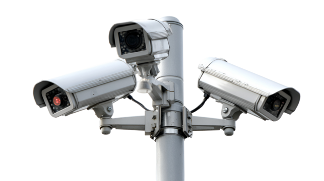 Three modern surveillance security cameras mounted on a pole isolated on transparent background