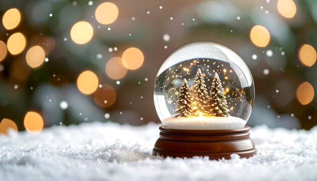 Snow globe containing miniature Christmas trees, atop a snowy surface with bokeh lights in the blurry background