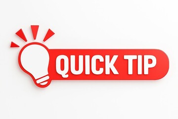 Bright idea lightbulb icon on a red banner with the text quick tip symbolizing a helpful suggestion or insight