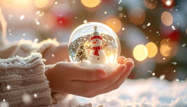 Snow globe with snowman in hands, bright bokeh background and falling snow effect for winter holiday cheer