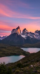 Stunning Sunset over Majestic Mountains and Serene Lake in Patagonia.