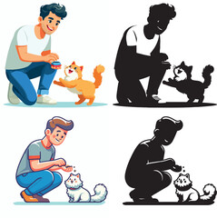 Set of vectors and images of cute male and cat shilhouttes on a white background