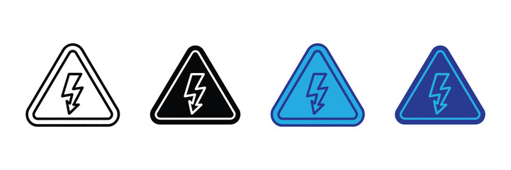 Set of four warning signs with a lightning bolt symbol indicating high voltage danger, isolated on white background