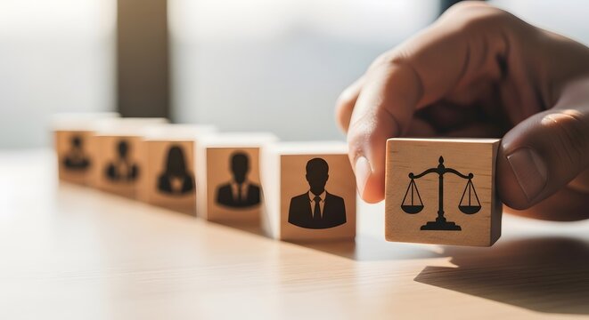 Hand places wooden block with justice scales symbol next to silhouette figures representing people