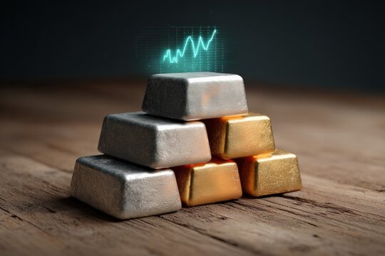 Silver bars displayed on table with hologram report business environment financial growth visualization