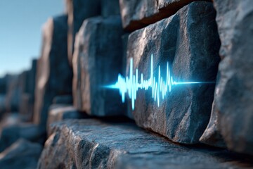 Glowing silver veins in rock walls natural landscape digital sound waves serene environment close-up view