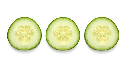 Three fresh green cucumber slices with visible seeds arranged in a row on a white background