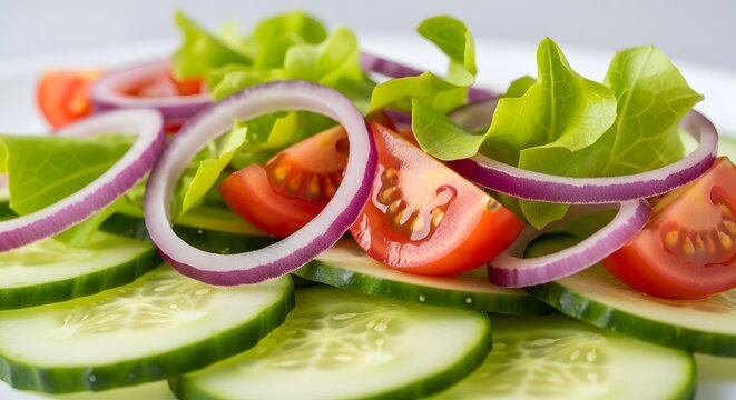 Fresh and vibrant salad with sliced cucumbers tomatoes red onion rings and crisp green lettuce - Powered by Adobe