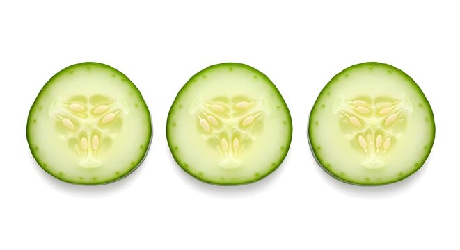Three fresh green cucumber slices with visible seeds arranged in a row on a white background