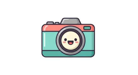 Cute Cartoon Camera with Smiling Face and Colors.