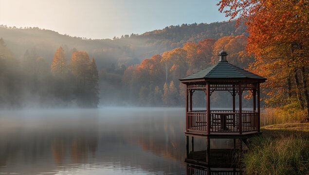 Misty Morning Scene with Gazebo by a Lake in a Forest during Fall - Powered by Adobe