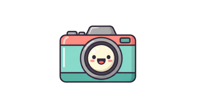 Cute Cartoon Camera with Smiling Face and Colors.