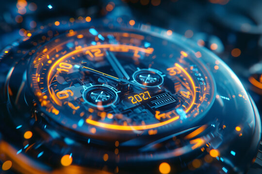 Macro photo of a transparent futuristic clock face highlighting 2027, concept of time and change. Realistic reflections and shallow depth of field.
