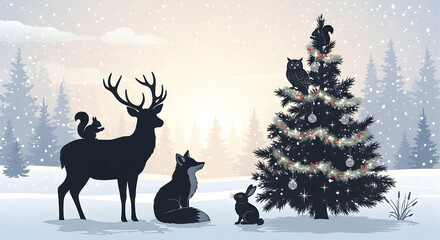 Winter Christmas Scene with Woodland Animals and Decorated Tree in Snowy Forest