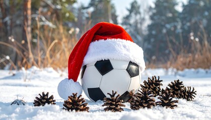 Snowy outdoor scene with a soccer ball wearing a red Santa hat, surrounded by pine cones and dry grass