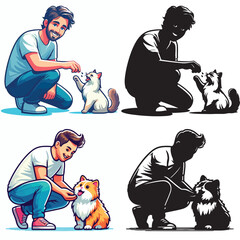Set of vectors and images of cute male and cat shilhouttes on a white background