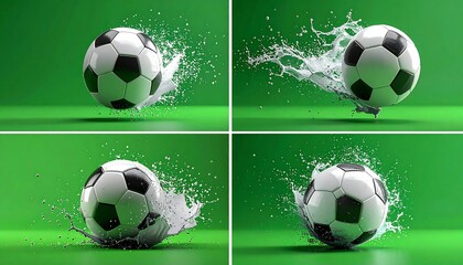 Soccer ball impacting water, depicted in a quadrant style against a vibrant green background