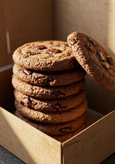 Stack of Delicious Chocolate Chip Cookies in a Cardboard Box.