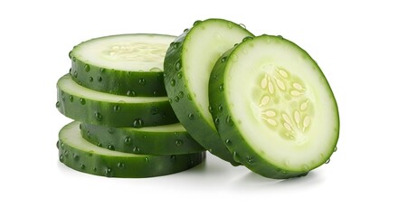 Freshly sliced cucumber rounds stacked and leaning against each other on white background