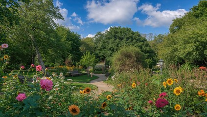 A collection of outdoor scenes featuring vibrant flowers and trees, showcasing seasonal change