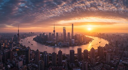 Stunning Sunset over Shanghai Skyline and Huangpu River.