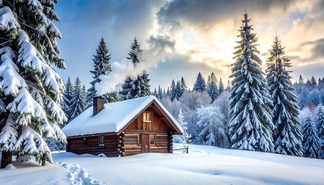 Snow-covered log cabin in a forest clearing, with smoke rising from the chimney under a bright, partly cloudy sky