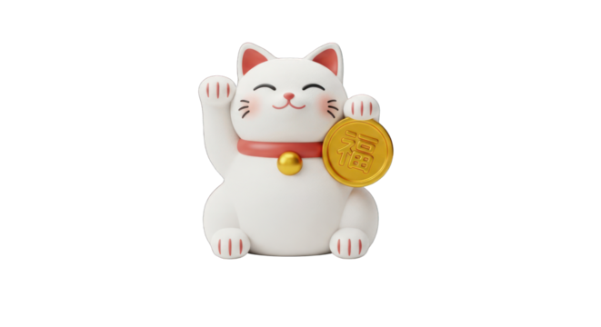 Smiling White Lucky Cat with Waving Paw.