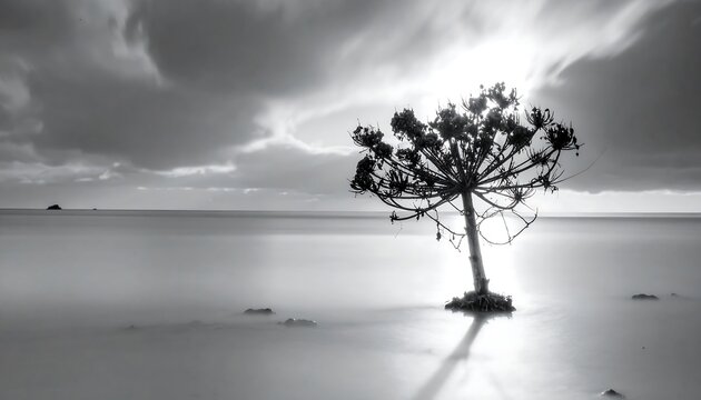 Serene grayscale landscape featuring a striking plant silhouetted against a soft, blurry ocean and dramatic cloudy sky - Powered by Adobe