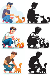 Set of vectors and images of cute male and cat shilhouttes on a white background
